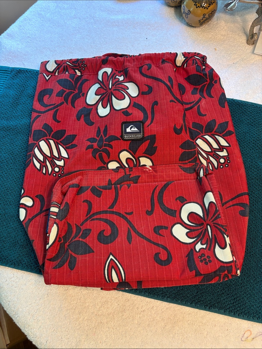 Vintage Red Quicksilver Drawstring Bag with Black and White Hibiscus Accents